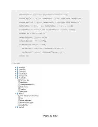 {

        SqlConnection conn = new SqlConnection(connString);

        string sqlCat = "Select CategoryID, CategoryName FROM Categories";

        string sqlProd = "Select CategoryID, ProductName FROM Products";

        SqlDataAdapter daCat = new SqlDataAdapter(sqlCat, conn);

        SqlDataAdapter daProd = new SqlDataAdapter(sqlProd, conn);

        DataSet ds = new DataSet();

        daCat.Fill(ds, "Categories");

        daProd.Fill(ds, "Products");

        ds.Relations.Add("Children",

            ds.Tables["Categories"].Columns["CategoryID"],

            ds.Tables["Products"].Columns["CategoryID"]);

        return ds;

    }

</script>




                                  Página 52 de 52
 
