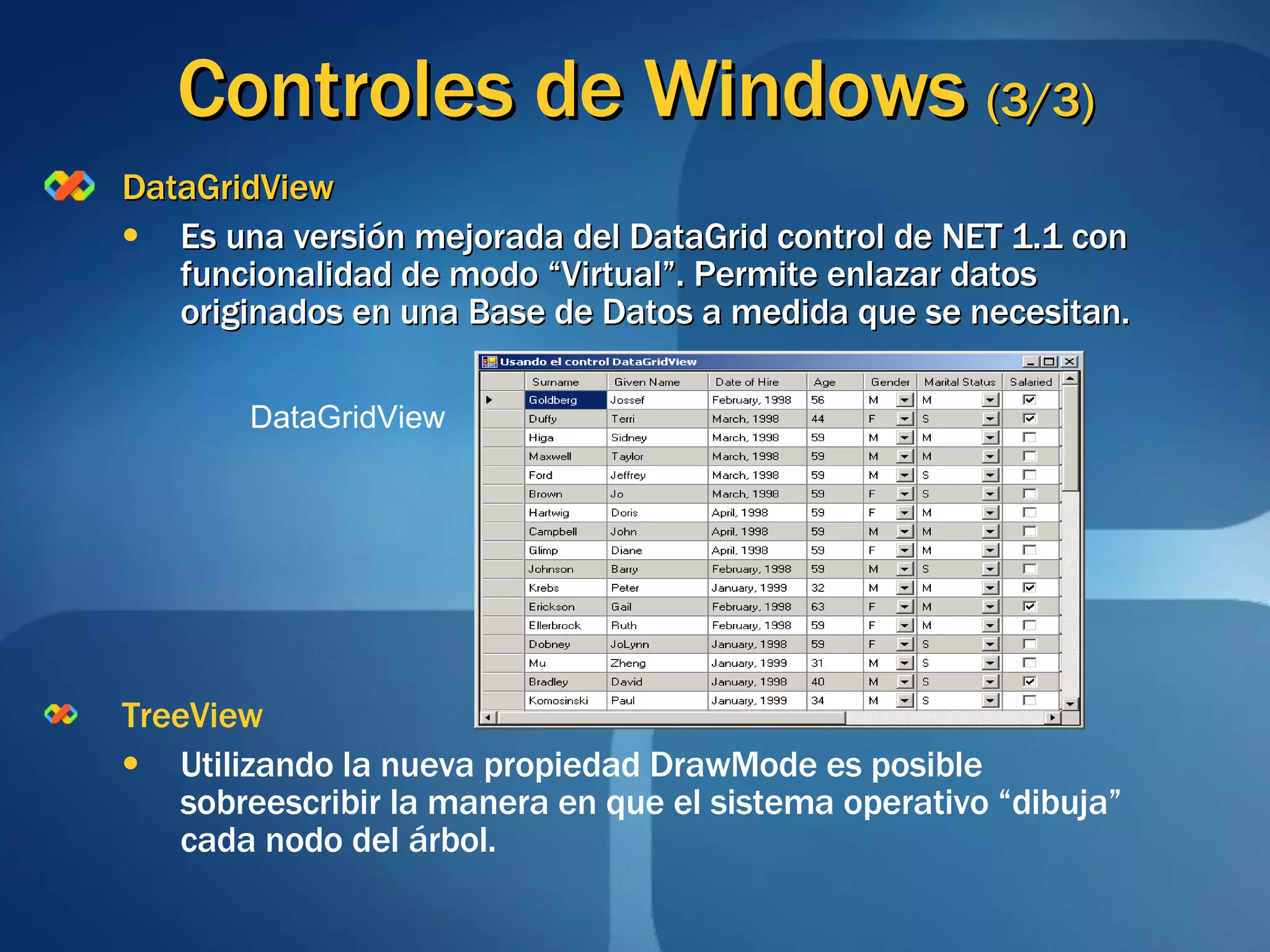 Controles de Windows  (3/3) DataGridView Es una versión mejorada del DataGrid control de NET 1.1 con funcionalidad de modo “Virtual”. Permite enlazar datos originados en una Base de Datos a medida que se necesitan. TreeView Utilizando la nueva propiedad DrawMode es posible sobreescribir la manera en que el sistema operativo “dibuja” cada nodo del árbol. DataGridView 