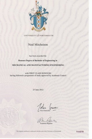 University of Portsmouth - BEng (Hons) Mechanical and Manufacturing Engineering - Neal Mitcheison