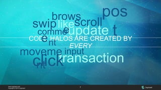 www.cognizant.com
Copyright © 2015 Cognizant
transaction
updateCODE HALOS ARE CREATED BY
EVERY
7
brows
e
swip
e
comme
nt
scrolllike
pos
t
moveme
ntclick
input
 