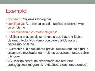 Exemplo:
• Conteúdo: Sistemas Biológicos
• Justificativa: Apresentar as adaptações dos seres vivos
ao ambiente
• Encaminhamentos Metodológicos:
• - Utilizar a imagem do caranguejo que ilustra o tópico
sistemas biológicos como ponto de partida para a
discussão do tema.
• - Levantar o conhecimento prévio dos estudantes sobre o
organismo mostrado, por meio de questionamentos sobre
a imagem.
• - Buscar no conteúdo encontrado nos recursos
pedagógicos (imagem, livro didático, vídeo, entre outros)
 