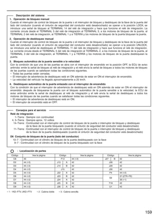 HILUX (EWD630S)
159
1. Operación de bloqueo manual
Cuando el interruptor de control de bloqueo de la puerta o el interruptor de bloqueo y desbloqueo de la llave de la puerta del
lado del conductor (cuando el cinturón de seguridad del conductor está desabrochado) se operan a la posición LOCK, se
introduce una señal de bloqueo al TERMINAL 14 del relé de integración y hace que funcione el relé de integración. La
corriente circula desde el TERMINAL 5 del relé de integración al TERMINAL 3, a los motores de bloqueo de la puerta, al
TERMINAL 2 del relé de integración, al TERMINAL 1 y a TIERRA y los motores de bloqueo de la puerta bloquean la puerta.
2. Operación de desbloqueo manual
Cuando el interruptor de control de bloqueo de la puerta o el interruptor de bloqueo y desbloqueo de la llave de la puerta del
lado del conductor (cuando el cinturón de seguridad del conductor está desabrochado) se operan a la posición UNLOCK,
se introduce una señal de desbloqueo al TERMINAL 11 del relé de integración y hace que funcione el relé de integración.
La corriente circula desde el TERMINAL 5 del relé de integración al TERMINAL 2, a los motores de bloqueo de la puerta, al
TERMINAL 3 del relé de integración, al TERMINAL 1 y a TIERRA y los motores de bloqueo de la puerta desbloquean la
puerta.
3. Bloqueo automático de la puerta sensible a la velocidad
Con la condición de que una de las puertas se abra con el interruptor de encendido en la posición OFF, la ECU de aviso
antirrobo emite la señal de bloqueo al relé de integración y el relé envía la señal de bloqueo a todos los motores de bloqueo
de las puertas cuando se satisfacen todas las condiciones siguientes.
∗ Todas las puertas están cerradas.
∗ El interruptor de advertencia de desbloqueo está en ON además de estar en ON el interruptor de encendido.
∗ La velocidad del vehículo ha llegado aproximadamente a 25 km/h.
4. Desbloqueo automático de la puerta enlazado con el interruptor de encendido
Con la condición de que el interruptor de advertencia de desbloqueo está en ON además de estar en ON el interruptor de
encendido después de bloquearse la puerta con el bloqueo automático de la puerta sensible a la velocidad, la ECU de
aviso antirrobo emite la señal de desbloqueo al relé de integración y el relé envía la señal de desbloqueo a todos los
motores de bloqueo de las puertas cuando se satisfacen todas las condiciones siguientes.
∗ El interruptor de advertencia de desbloqueo está en ON.
∗ El interruptor de encendido está en OFF.
Relé de integración
1-Tierra : Siempre con continuidad
4, 5-Tierra : Siempre aprox. 12 voltios
14-Tierra : Continuidad con el interruptor de control de bloqueo de la puerta o interruptor de bloqueo y desbloqueo
de la llave de la puerta bloqueado (cuando el cinturón de seguridad del conductor está desabrochado)
11-Tierra : Continuidad con el interruptor de control de bloqueo de la puerta o interruptor de bloqueo y desbloqueo
de la llave de la puerta desbloqueado (cuando el cinturón de seguridad del conductor está desabrochado)
D6 Conjunto de bloqueo de la puerta (lado del conductor)
10-7 : Continuidad con el cilindro de bloqueo de la puerta desbloqueado con la llave
9-7 : Continuidad con el cilindro de bloqueo de la puerta bloqueado con la llave
: Localización de partes
Código Vea la página Código Vea la página Código Vea la página
C8 40 F12 44 (∗2) J27 B 42
D2 44 (∗2) J13 A 42 J28 42
D3 44 (∗2) J14 B 42 J29 42
D4 44 (∗2) J15 42 J30 42
D5 44 (∗2) J22 A 42 P4 44 (∗2)
D6 44 (∗2) J23 B 42
S3
37 (2TR-FE)
D7 44 (∗2) J24 A 42
S3
39 (∗1)
D8 44 (∗2) J25 B 42 T16 43
D9 44 (∗2) J26 A 42 U1 43
∗ 1 : 1KD-FTV, 2KD-FTV ∗ 2 : Cabina doble ∗ 3 : Cabina sencilla
Descripción del sistema
Consejos para el servicio
 
