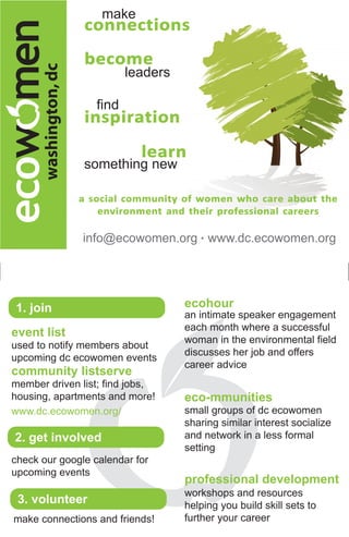make
                       coⁿⁿectioⁿs
                       become
                           leaders
      washington, dc


                          find
                       iⁿspiratioⁿ
                               learⁿ
                       something new

                       a social commuⁿity of womeⁿ who care about the
                           eⁿviroⁿmeⁿt aⁿd their professioⁿal careers
                       info@ecowomen.org www.dc.ecowomen.org




1. join                                  ecohour
                                         an intimate speaker engagement
                                         each month where a successful
event list
                                         woman in the environmental field
used to notify members about
                                         discusses her job and offers
upcoming dc ecowomen events
                                         career advice
community listserve
member driven list; find jobs,
housing, apartments and more!            eco-mmunities
www.dc.ecowomen.org/                     small groups of dc ecowomen
                                         sharing similar interest socialize
2. get involved                          and network in a less formal
                                         setting
check our google calendar for
upcoming events
                                         professional development
                                         workshops and resources
 3. volunteer                            helping you build skill sets to
make connections and friends!            further your career
 