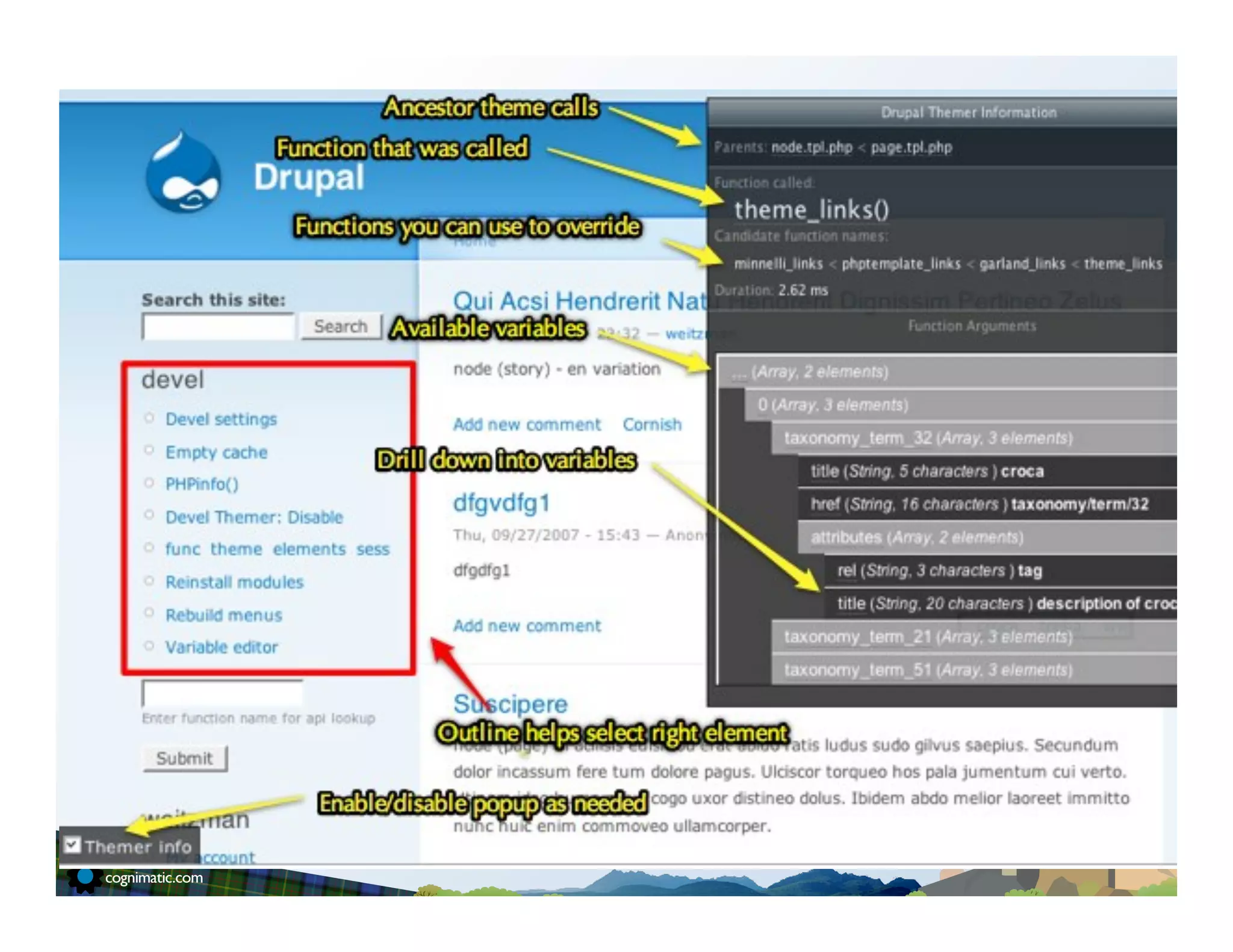 The Killer App!
Theme Developer Module
http://drupal.org/project/devel_themer!
!
See also Drupal for Firebug (a bit hardcore)!
http://drupal.org/project/drupalforﬁrebug!
!
 