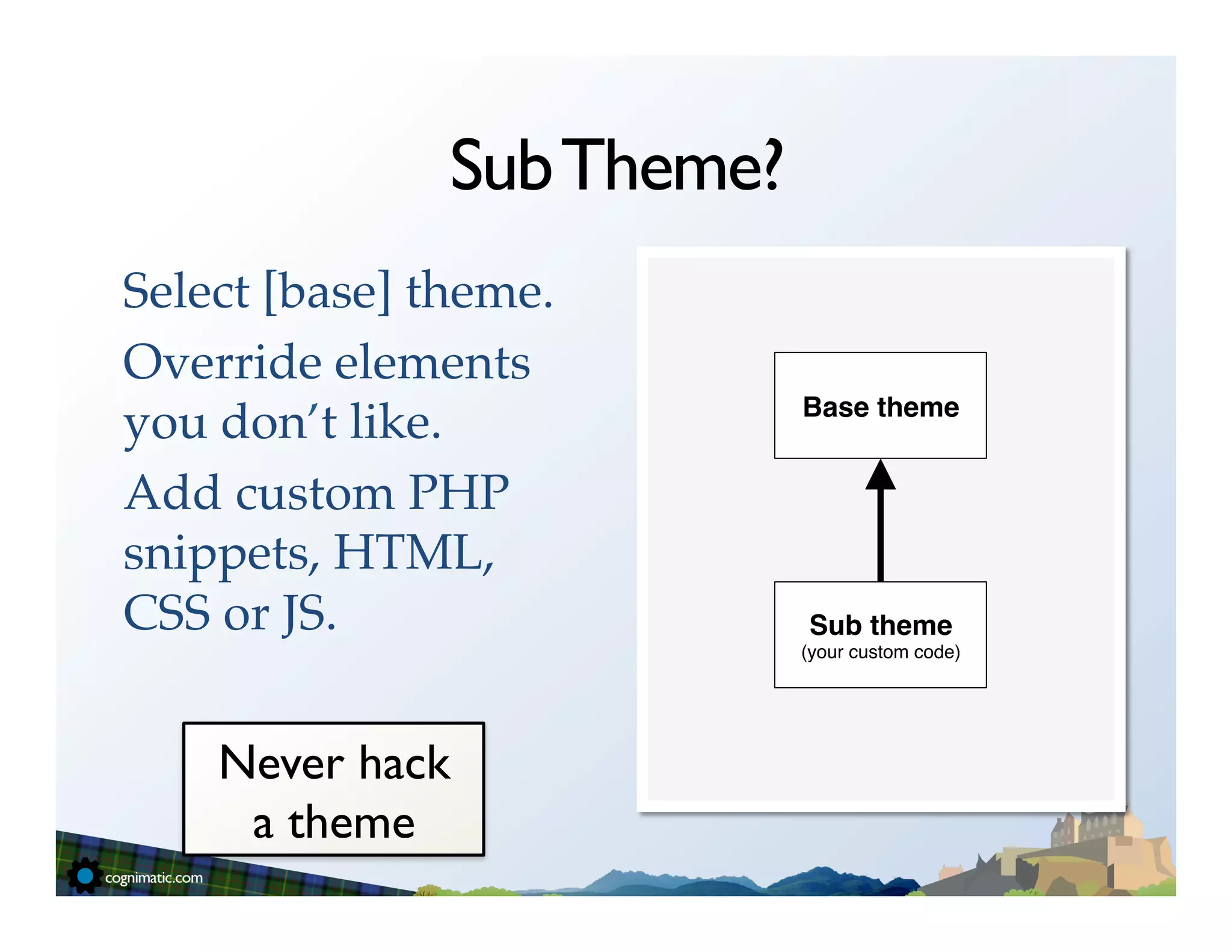 Sub Theme?
Select [base] theme.!   	
  	
  
Override elements
                                   Base theme!
you don’t like.!
Add custom PHP
snippets, HTML,
CSS or JS.!                        Sub theme!
                                   (your custom code)"




    Never hack
     a theme	

 