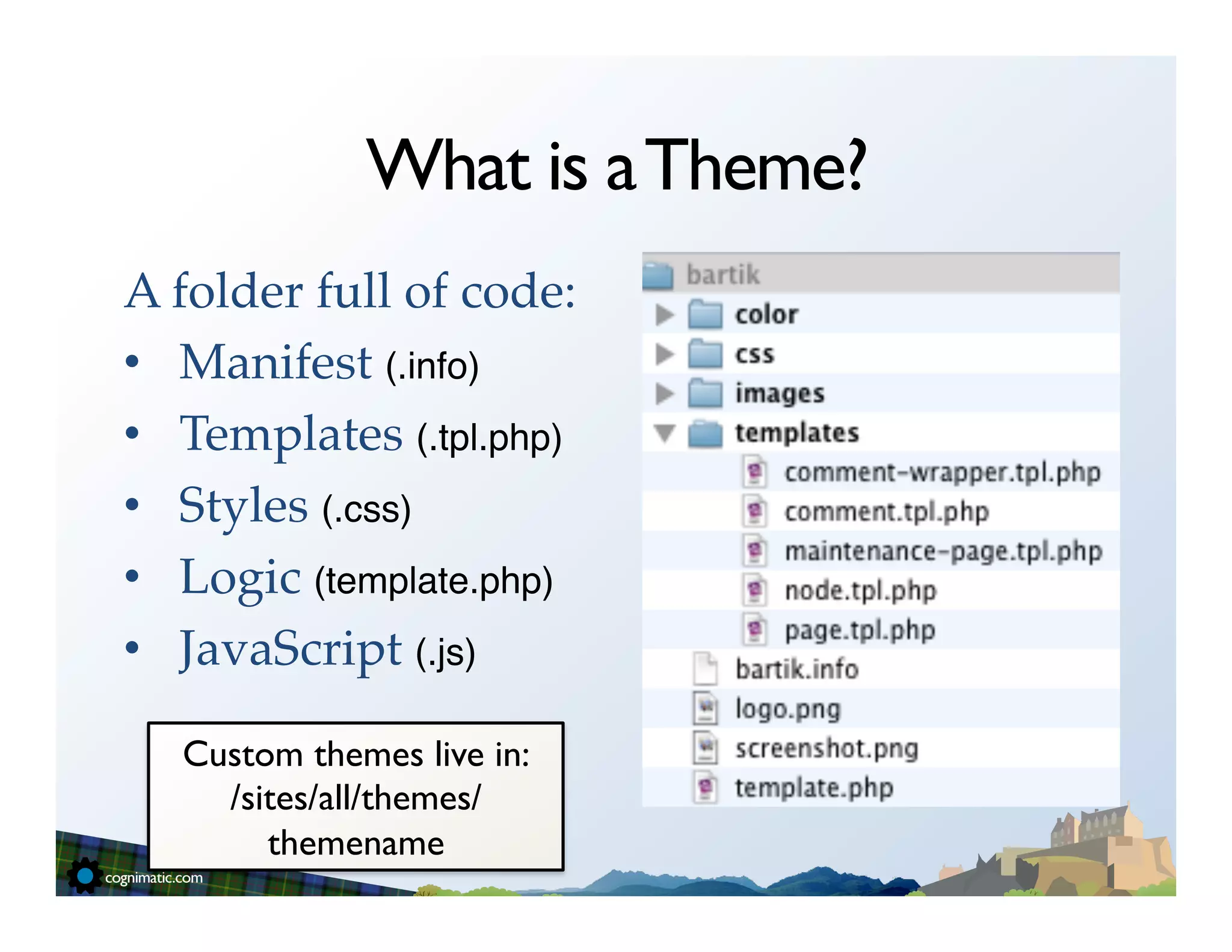 What is a Theme?
A folder full of code:!
•  Manifest (.info)"
•  Templates (.tpl.php)"
•  Styles (.css)"
•  Logic (template.php)"
•  JavaScript (.js)"
"
    Custom themes live in:	

      /sites/all/themes/
         themename	

 