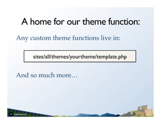 A home for our theme function:
Any custom theme functions live in:!
!
!    sites/all/themes/yourtheme/template.php	

!
And so much more…!
 