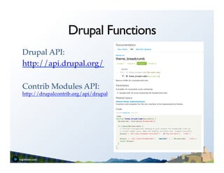 Drupal Functions
Drupal API: !
http://api.drupal.org/!
!
Contrib Modules API:
http://drupalcontrib.org/api/drupal!

!
 
