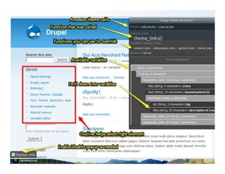 The Killer App!
Theme Developer Module
http://drupal.org/project/devel_themer!
!
See also Drupal for Firebug (a bit hardcore)!
http://drupal.org/project/drupalforﬁrebug!
!
 