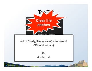 Top Tip:
            Clear the
             caches!

           Never eat
                  	

         yellow snow
/admin/conﬁg/development/performance/	

          (‘Clear all caches’)	

                   	

                  Or	

              drush cc all	

                    	

                   	

                   "
 