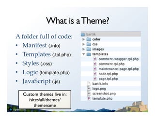 What is a Theme?
A folder full of code:!
•  Manifest (.info)"
•  Templates (.tpl.php)"
•  Styles (.css)"
•  Logic (template.php)"
•  JavaScript (.js)"
"
    Custom themes live in:	

      /sites/all/themes/
         themename	

 