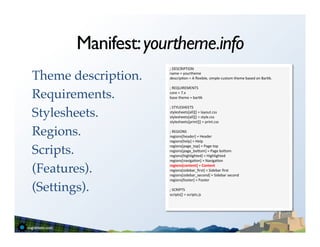 Manifest: yourtheme.info
                      ;	
  DESCRIPTION	
  

Theme description.!   name	
  =	
  yourtheme	
  
                      descrip=on	
  =	
  A	
  ﬂexible,	
  simple	
  custom	
  theme	
  based	
  on	
  Bar=k.	
  
                      	
  
                      ;	
  REQUIREMENTS	
  

Requirements.!        core	
  =	
  7.x	
  
                      base	
  theme	
  =	
  bar=k	
  
                      	
  
                      ;	
  STYLESHEETS	
  

Stylesheets.!         stylesheets[all][]	
  =	
  layout.css	
  
                      stylesheets[all][]	
  =	
  style.css	
  
                      stylesheets[print][]	
  =	
  print.css	
  
                      	
  
Regions.!             ;	
  REGIONS	
  
                      regions[header]	
  =	
  Header	
  
                      regions[help]	
  =	
  Help	
  

Scripts.!
                      regions[page_top]	
  =	
  Page	
  top	
  
                      regions[page_boSom]	
  =	
  Page	
  boSom	
  
                      regions[highlighted]	
  =	
  Highlighted	
  
                      regions[naviga=on]	
  =	
  Naviga=on	
  

(Features).!          regions[content]	
  =	
  Content	
  
                      regions[sidebar_ﬁrst]	
  =	
  Sidebar	
  ﬁrst	
  
                      regions[sidebar_second]	
  =	
  Sidebar	
  second	
  
                      regions[footer]	
  =	
  Footer	
  

(Settings).!          	
  
                      ;	
  SCRIPTS	
  
                      scripts[]	
  =	
  scripts.js	
  
                      	
  
 