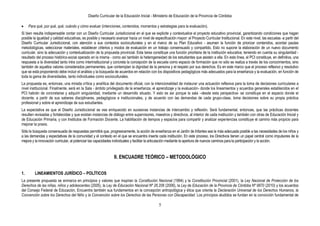 Diseño Curricular de la Educación Inicial - Ministerio de Educación de la Provincia de Córdoba

     Para qué, por qué, qué, cuándo y cómo evaluar (intenciones, contenidos, momentos y estrategias para la evaluación).
Si bien resulta indispensable contar con un Diseño Curricular Jurisdiccional en el que se explicite y contextualice el proyecto educativo provincial, garantizando condiciones que hagan
posible la igualdad y calidad educativas, es posible y necesario avanzar hacia un nivel de especificación mayor: el Proyecto Curricular Institucional. En este nivel, las escuelas -a partir del
Diseño Curricular Jurisdiccional, con atención a sus contextos socioculturales y en el marco de su Plan Educativo - asumen la función de priorizar contenidos, acordar pautas
metodológicas, seleccionar materiales, establecer criterios y modos de evaluación en un trabajo consensuado y compartido. Esto no supone la elaboración de un nuevo documento
curricular, sino la adecuación y contextualización de la propuesta provincial. Esta tarea constituye una función prioritaria de la institución educativa, teniendo en cuenta su singularidad -
resultado del proceso histórico-social operado en la misma - como así también la heterogeneidad de los estudiantes que asisten a ella. En esta línea, el PCI constituye, en definitiva, una
respuesta a la diversidad tanto intra como interinstitucional y concreta la concepción de la escuela como espacio de formación que no sólo se realiza a través de los conocimientos, sino
también de aquellos valores considerados permanentes, que contemplan la dignidad de la persona y el respeto por sus derechos. Es en este marco que el proceso reflexivo y resolutivo
que se está proponiendo debe incluir el análisis y la búsqueda de acuerdos en relación con los dispositivos pedagógicos más adecuados para la enseñanza y la evaluación, en función de
toda la gama de diversidades, tanto individuales como socioculturales.
La propuesta es, entonces, una mirada crítica y analítica del documento oficial, con la intencionalidad de instaurar una actuación reflexiva para la toma de decisiones curriculares a
nivel institucional. Finalmente, será en la Sala - ámbito privilegiado de la enseñanza, el aprendizaje y la evaluación- donde los lineamientos y acuerdos generales establecidos en el
PCI habrán de concretarse y adquirir singularidad, mediante un desarrollo situado. Y esto es así porque la sala –desde esta perspectiva- se constituye en el espacio donde el
docente, a partir de sus saberes disciplinares, pedagógicos e institucionales, y de acuerdo con las demandas de cada grupo-clase, toma decisiones sobre su propia práctica
profesional y sobre el aprendizaje de sus estudiantes.
La expectativa es que el Diseño Jurisdiccional se vea enriquecido en sucesivas instancias de intercambio y reflexión. Será fundamental, entonces, que las prácticas docentes
resulten revisadas y fortalecidas y que existan instancias de diálogo entre supervisores, maestros y directivos, al interior de cada institución y también con otras de Educación Inicial y
de Educación Primaria, y con Institutos de Formación Docente. La habilitación de tiempos y espacios para compartir y analizar experiencias constituye el camino más propicio para
mejorar la praxis.
Sólo la búsqueda consensuada de respuestas permitirá que, progresivamente, la acción de enseñanza en el Jardín de Infantes sea la más adecuada posible a las necesidades de los niños y
a las demandas y expectativas de la comunidad y el contexto en el que se encuentra inserta cada institución. En este proceso, los Directivos tienen un papel central como impulsores de la
mejora y la innovación curricular, al potenciar las capacidades individuales y facilitar la articulación mediante la apertura de nuevos caminos para la participación y la acción.


                                                                II. ENCUADRE TEÓRICO – METODOLÓGICO


1.       LINEAMIENTOS JURÍDICO – POLÍTICOS
La presente propuesta se enmarca en principios y valores que inspiran la Constitución Nacional (1994) y la Constitución Provincial (2001), la Ley Nacional de Protección de los
Derechos de las niñas, niños y adolescentes (2005), la Ley de Educación Nacional Nº 26.206 (2006), la Ley de Educación de la Provincia de Córdoba Nº 9870 (2010) y los acuerdos
del Consejo Federal de Educación. Encuentra también sus fundamentos en la concepción antropológica y ética que orienta la Declaración Universal de los Derechos Humanos, la
Convención sobre los Derechos del Niño y la Convención sobre los Derechos de las Personas con Discapacidad. Los principios aludidos se fundan en la convicción fundamental de

                                                                                               5
 