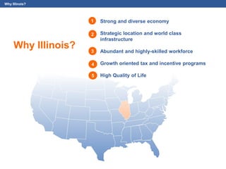 Why Illinois?
1
2
4
Why Illinois?
3
5
Strong and diverse economy
Strategic location and world class
infrastructure
Abundan...