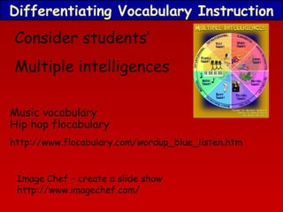 Differentiating Vocabulary Instruction

Consider students’
Multiple intelligences
Music vocabulary
Hip hop flocabulary
http://www.flocabulary.com/wordup_blue_listen.htm
Image Chef – create a slide show
http://www.imagechef.com/

 