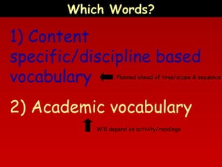 Which Words?

1) Content
specific/discipline based
vocabulary

Planned ahead of time/scope & sequence

2) Academic vocabulary
Will depend on activity/readings

 