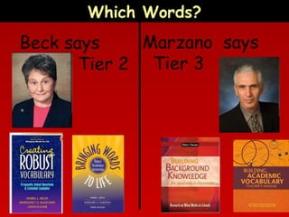 Which Words?

Marzano says
Beck says
Tier 2 Tier 3

 