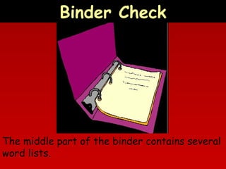 Binder Check

The middle part of the binder contains several
word lists.

 