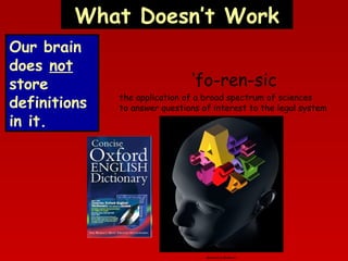 What Doesn’t Work
Our brain
does not
store
definitions
in it.

‘fo-ren-sic

the application of a broad spectrum of sciences
to answer questions of interest to the legal system

Manhead (c) BioRaven

 