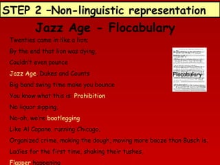 STEP 2 –Non-linguistic representation

Jazz Age - Flocabulary
Twenties came in like a lion;
By the end that lion was dying,
Couldn’t even pounce
Jazz Age, Dukes and Counts

Flocabulary

Big band swing time make you bounce
You know what this is: Prohibition
No liquor sipping,
No-oh, we’re bootlegging.
Like Al Capone, running Chicago,
Organized crime, making the dough, moving more booze than Busch is,
Ladies for the first time, shaking their tushes,
Flapper happening

 
