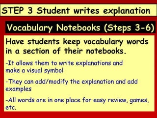 STEP 3 Student writes explanation
Vocabulary Notebooks (Steps 3-6)
Have students keep vocabulary words
in a section of their notebooks.
-It allows them to write explanations and
make a visual symbol
-They can add/modify the explanation and add
examples
-All words are in one place for easy review, games,
etc.

 