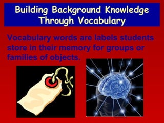 Building Background Knowledge
Through Vocabulary
Vocabulary words are labels students
store in their memory for groups or
families of objects.

elements4health.com

 