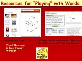 Resources for “Playing” with Words

www.wordsift.com
Visual Thesaurus
is free through
Wordsift

http://www.visualthesaurus.com/vocabgrabber/

Visual Thesaurus & Vocabulary Grabber

Show
examples

 