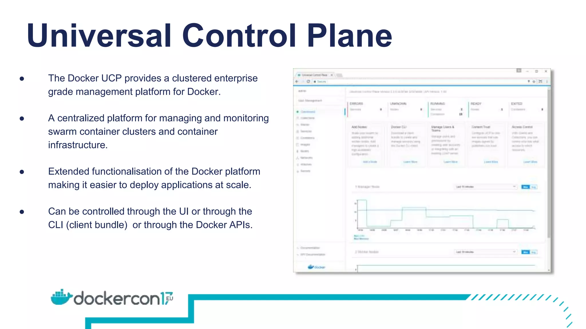 Universal Control Plane
● The Docker UCP provides a clustered enterprise
grade management platform for Docker.
● A centralized platform for managing and monitoring
swarm container clusters and container
infrastructure.
● Extended functionalisation of the Docker platform
making it easier to deploy applications at scale.
● Can be controlled through the UI or through the
CLI (client bundle) or through the Docker APIs.
 