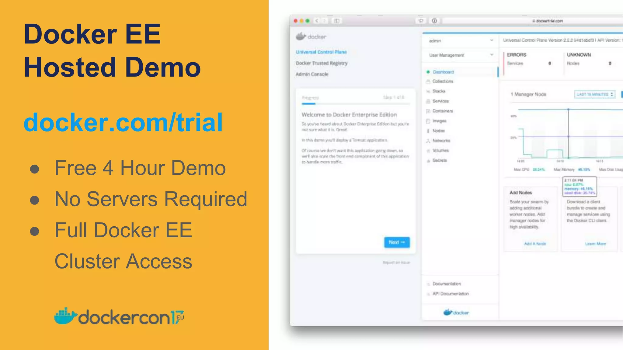 Docker EE
Hosted Demo
Add picture here
docker.com/trial
● Free 4 Hour Demo
● No Servers Required
● Full Docker EE
Cluster Access
 