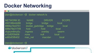 Docker Networking
docker network ls
NETWORK ID NAME DRIVER SCOPE
4507d8b4dd86 bridge bridge local
8866a19c0751 docker_gwbridge bridge local
b88e79e31749 host host local
vlujsum8my0u ingress overlay swarm
e12df2f39d06 none null local
ed60df3f6402 mac_net macvlan local
[dan@dockercon ~]$
[dan@dockercon ~]$
 