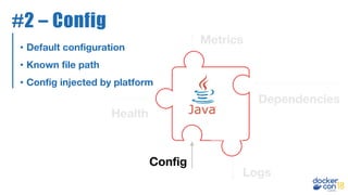 • Default configuration
• Known file path
• Config injected by platform
Logs
Health
Config
Dependencies
Metrics
#2 – Config
 
