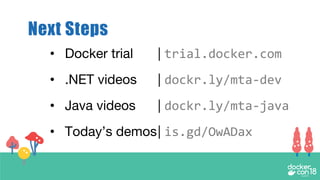 Next Steps
• Docker trial | trial.docker.com
• .NET videos | dockr.ly/mta-dev
• Java videos | dockr.ly/mta-java
• Today’s demos| is.gd/OwADax
 