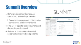 @mikesir87
Summit Overview
● Software designed to manage
sponsored research processes
○ Document management, collaboration,
compliance, and documentation
● First VT IT app to use containers and
deploy to public cloud
● System is composed of several
separately deployed components
 