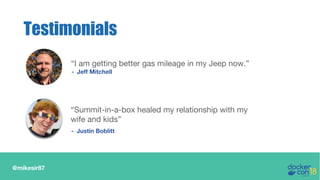 @mikesir87
Testimonials
“Summit-in-a-box healed my relationship with my
wife and kids”
- Justin Boblitt
“I am getting better gas mileage in my Jeep now.”
- Jeff Mitchell
 