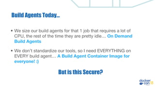 • We size our build agents for that 1 job that requires a lot of
CPU, the rest of the time they are pretty idle… On Demand
Build Agents
• We don’t standardize our tools, so I need EVERYTHING on
EVERY build agent… A Build Agent Container Image for
everyone! :)
But is this Secure?
Build Agents Today...
 