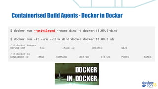 Containerised Build Agents - Docker in Docker
$ docker run --privileged --name dind -d docker:18.09.0-dind
$ docker run -it --rm --link dind:docker docker:18.09.0 sh
/ # docker images
REPOSITORY TAG IMAGE ID CREATED SIZE
/ # docker ps
CONTAINER ID IMAGE COMMAND CREATED STATUS PORTS NAMES
 