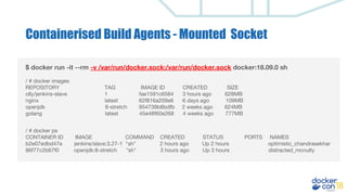 $ docker run -it --rm -v /var/run/docker.sock:/var/run/docker.sock docker:18.09.0 sh
/ # docker images
REPOSITORY TAG IMAGE ID CREATED SIZE
olly/jenkins-slave 1 fae1591c6584 3 hours ago 628MB
nginx latest 62f816a209e6 6 days ago 109MB
openjdk 8-stretch 954739b8bdfb 2 weeks ago 624MB
golang latest 45e48f60e268 4 weeks ago 777MB
/ # docker ps
CONTAINER ID IMAGE COMMAND CREATED STATUS PORTS NAMES
b2e07edbd47e jenkins/slave:3.27-1 "sh" 2 hours ago Up 2 hours optimistic_chandrasekhar
86f77c2b67f0 openjdk:8-stretch "sh" 3 hours ago Up 3 hours distracted_mcnulty
Containerised Build Agents - Mounted Socket
 