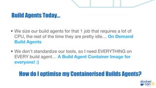 • We size our build agents for that 1 job that requires a lot of
CPU, the rest of the time they are pretty idle… On Demand
Build Agents
• We don’t standardize our tools, so I need EVERYTHING on
EVERY build agent… A Build Agent Container Image for
everyone! :)
How do I optimise my Containerised Builds Agents?
Build Agents Today...
 