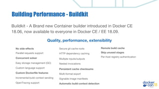 Building Performance - Buildkit
Buildkit - A Brand new Container builder introduced in Docker CE
18.06, now available to everyone in Docker CE / EE 18.09.
No side-effects
Quality, performance, extensibility
Parallel requests support
Concurrent solver
Easy storage management (GC)
Custom language support
Custom Dockerfile features
Incremental build context sending
Persistent cache checksums
Secure git cache roots
HTTP dependency caching
Multiple inputs/outputs
Nested invocations
Multi-format export
OpenTracing support
Signable image manifests
Automatic build context detection
Remote build cache
Skip unused stages
Per-host registry authentication
 