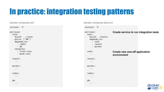 In practice: integration testing patterns
docker-compose.yml docker-compose.test.yml
version: '3'
services:
vote:
build: ../vote/
ports: ["80"]
depends_on:
- redis
- db
networks:
- front-tier
- back-tier
result:
...
worker:
...
redis:
...
db:
...
version: '3'
services:
test:
build: ./tests/
depends_on:
- vote
- result
- worker
vote:
...
result:
...
worker:
...
redis:
...
db:
...
Create new one-off application
environment
Create service to run integration tests
 