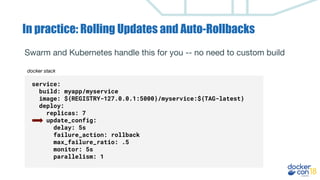 In practice: Rolling Updates and Auto-Rollbacks
Swarm and Kubernetes handle this for you -- no need to custom build
service:
build: myapp/myservice
image: ${REGISTRY-127.0.0.1:5000}/myservice:${TAG-latest}
deploy:
replicas: 7
update_config:
delay: 5s
failure_action: rollback
max_failure_ratio: .5
monitor: 5s
parallelism: 1
docker stack
 