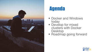 • Docker and Windows
today
• Develop for mixed
clusters with Docker
Desktop
• Roadmap going forward
Agenda
 