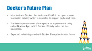 - Microsoft and Docker plan to donate CNAB to an open source
foundation publicly which is expected to happen early next year.
- The first implementation of the spec is an experimental utility
called Docker App, which Docker officially rolled out this
Dockercon.
- Expected to be integrated with Docker Enterprise in near future
Docker’s Future Plan
 