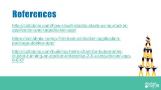 http://collabnix.com/how-i-built-elastic-stack-using-docker-
application-packagedocker-app/
https://collabnix.com/a-first-look-at-docker-application-
package-docker-app/
http://collabnix.com/building-helm-chart-for-kubernetes-
cluster-running-on-docker-enterprise-2-0-using-docker-app-
0-6-0/
References
 