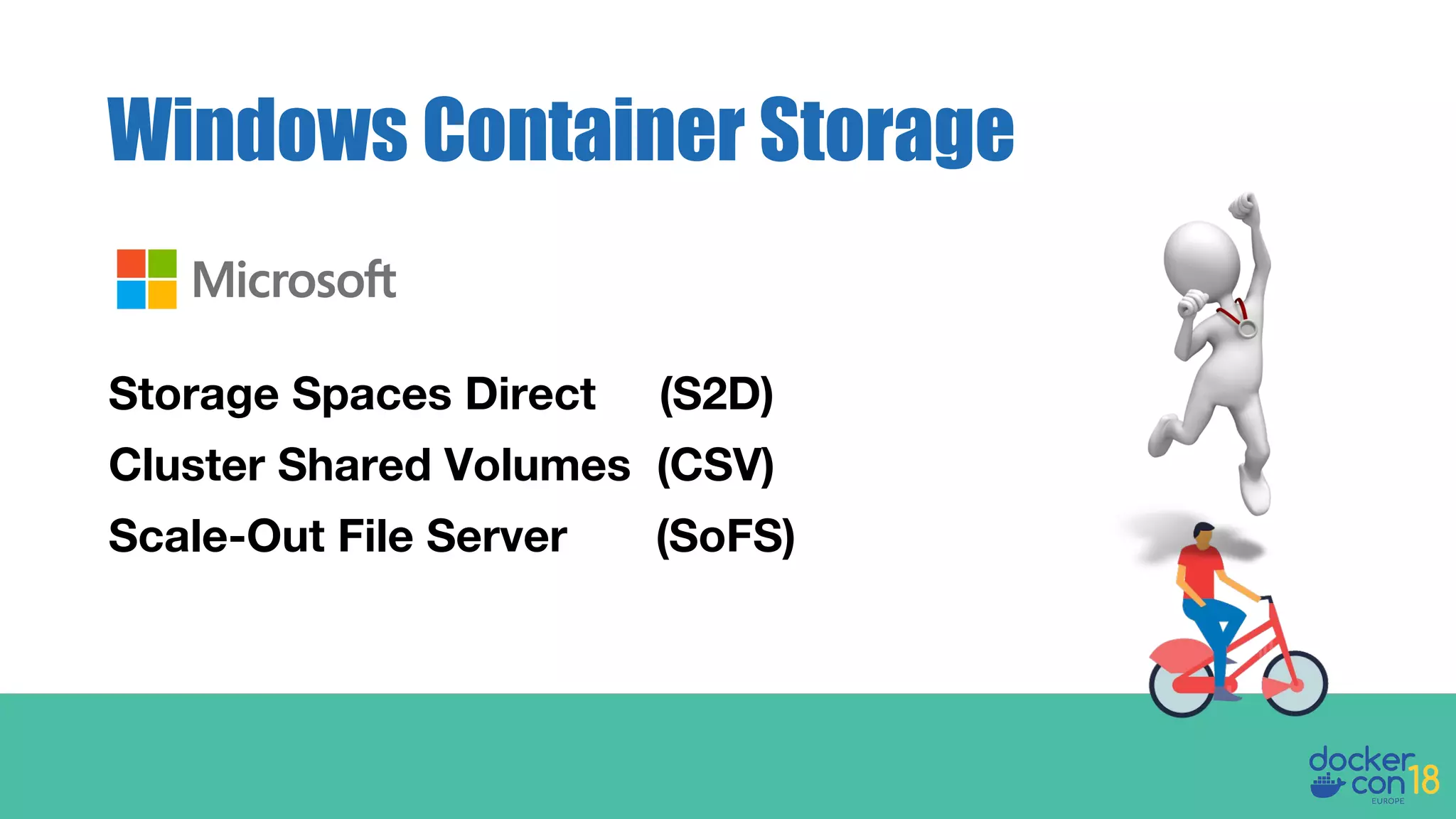 Windows Container Storage
Storage Spaces Direct (S2D)
Cluster Shared Volumes (CSV)
Scale-Out File Server (SoFS)
 