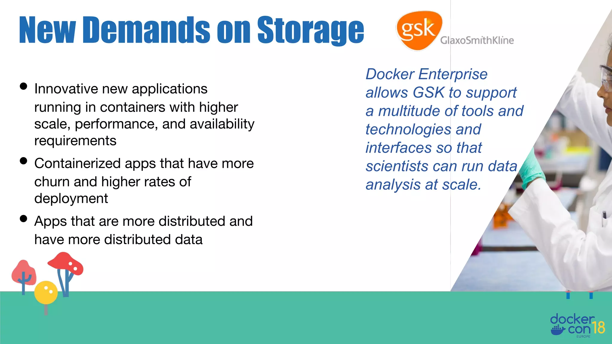 New Demands on Storage
• Innovative new applications
running in containers with higher
scale, performance, and availability
requirements
• Containerized apps that have more
churn and higher rates of
deployment
• Apps that are more distributed and
have more distributed data
Docker Enterprise
allows GSK to support
a multitude of tools and
technologies and
interfaces so that
scientists can run data
analysis at scale.
 