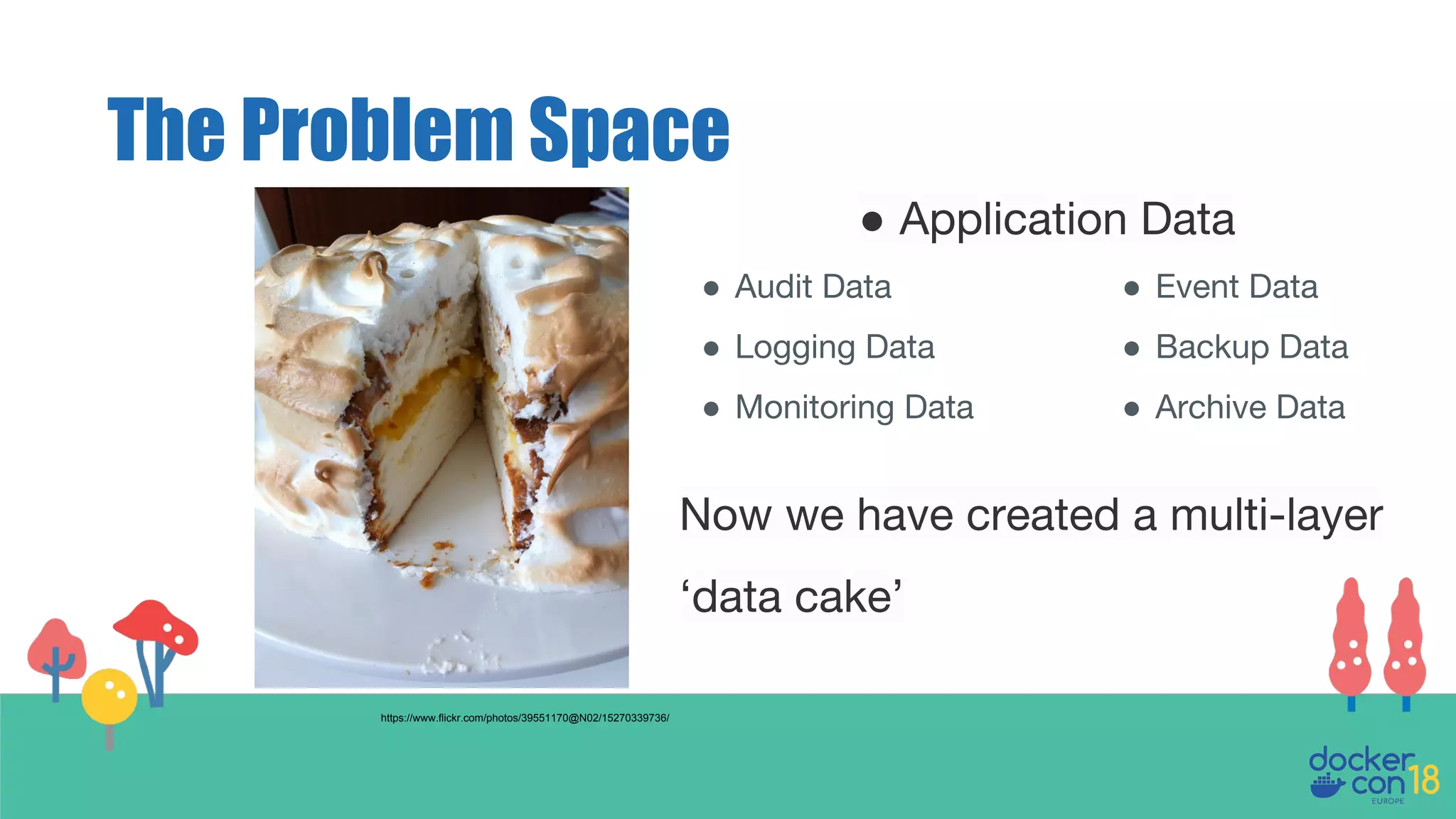 The Problem Space
Now we have created a multi-layer
‘data cake’
https://www.flickr.com/photos/39551170@N02/15270339736/
● Audit Data
● Logging Data
● Monitoring Data
● Event Data
● Backup Data
● Archive Data
● Application Data
 