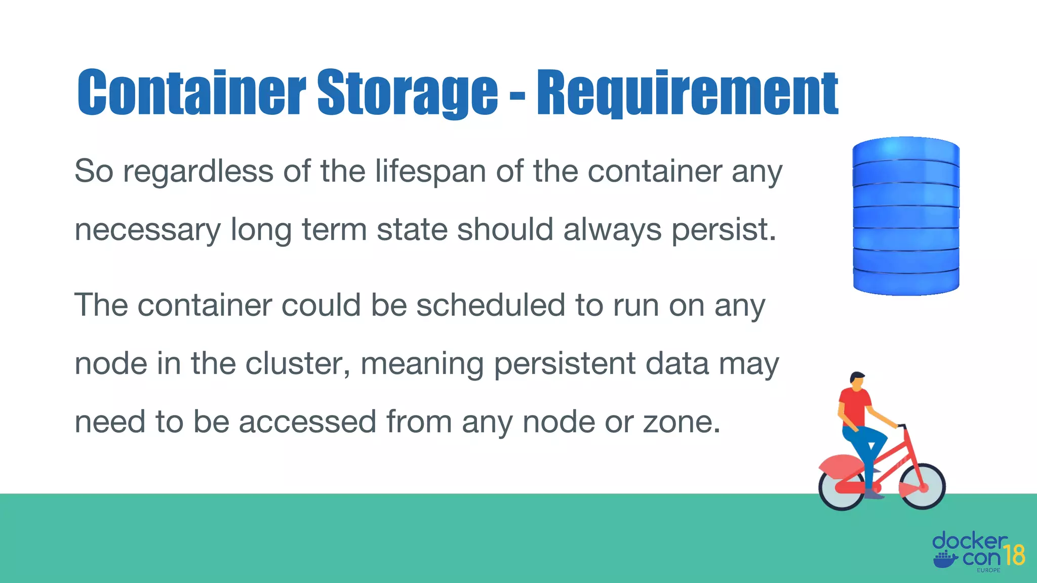 So regardless of the lifespan of the container any
necessary long term state should always persist.
The container could be scheduled to run on any
node in the cluster, meaning persistent data may
need to be accessed from any node or zone.
Container Storage - Requirement
 