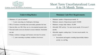 Short Term Uncollateralized Loan
6 to 18 Month Terms
Underwriting Basics: Minimum Cash Flow Requirements:
• Minimum of 1 year in business.
• 2 years seasoning on a bankruptcy discharge.
• 80% of business ownership must personally guarantee the loan.
• Open tax liens are OK if they are in a documented payment plan.
• Personal credit scores are checked to ensure minimum thresholds
are met.
• Primary residence mortgage and business rent must be current.
• 2 years seasoning on primary residence foreclosure.
• Minimum number of deposits per month: 10
• Minimum amount of deposits per month: $10,000
• Minimum average daily balance: $3,000
• Allowable NSF activity: 5 in most recent month; 10 in recent 3
months.
• Allowable negative ending days: 3 in most recent month; 6 in
recent 3 months.
• Inconsistent and negative trending deposit/daily balance
activity is a red flag.
 
