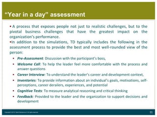 11Copyright © 2015 Talent Decisions srl. All rights reserved.
“Year in a day” assessment
 A process that exposes people not just to realistic challenges, but to the
pivotal business challenges that have the greatest impact on the
organization’s performance.
In addition to the simulations, TD typically includes the following in the
assessment process to provide the best and most well-rounded view of the
person:
 Pre-Assessment: Discussion with the participant’s boss,
 Welcome Call: To help the leader feel more comfortable with the process and
answer questions
 Career Interview: To understand the leader’s career and development context,
 Inventories: To provide information about an individual’s goals, motivations, self-
perceptions, career derailers, experiences, and potential
 Cognitive Tests: To measure analytical reasoning and critical thinking
 Feedback: Provided to the leader and the organization to support decisions and
development
 
